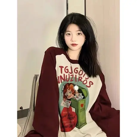 酒红色长袖t恤女秋冬爆款设计感小众美式复古oversize新款打底衫商品大图