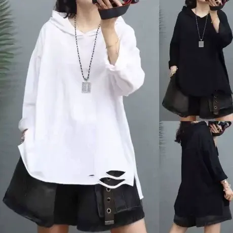 2023新款破洞开叉连帽长袖T恤女时尚休闲百搭宽松打底衫女商品大图
