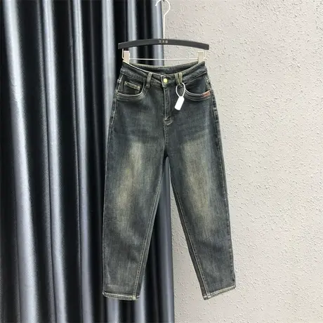 港风做旧加绒加厚小脚牛仔裤女2023秋冬新款高腰显瘦老爹哈伦裤潮图片