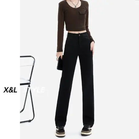 黑色直筒牛仔裤女秋冬款2023新款爆款高腰显瘦窄版阔腿烟管长裤子图片