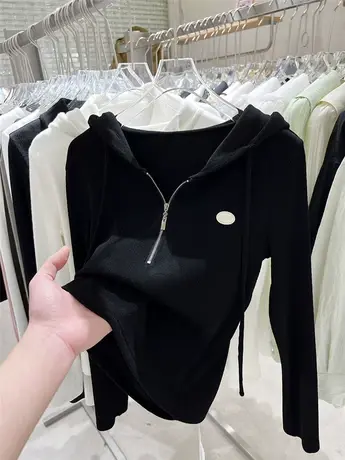 拉链连帽打底衫女2022早春新款时尚百搭帽衫上衣洋气内搭长袖t恤图片