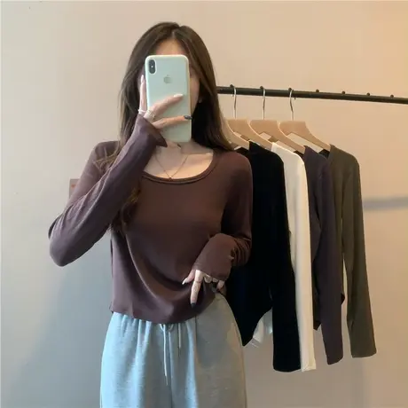 秋季2022新款长袖T恤女不规则宽松白色打底衫春秋内搭上衣秋装图片