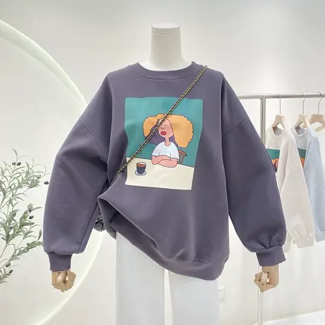 时尚卡通印花宽松大版圆领套头卫衣女春季新款百搭休闲上衣外套商品大图