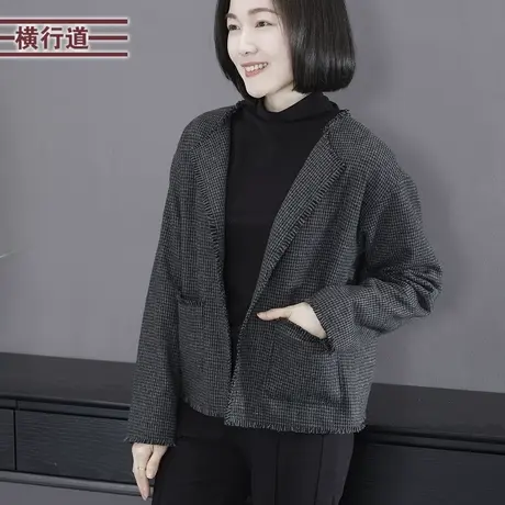 复古简约圆领千鸟格小香风口袋外套女装外穿大码上衣2024春季新款商品大图