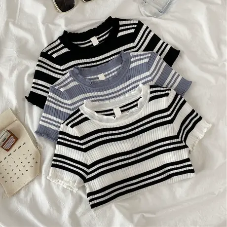 ins超火短袖T恤女夏季修身显瘦学生半袖闺蜜装针织打底衫短款上衣商品大图