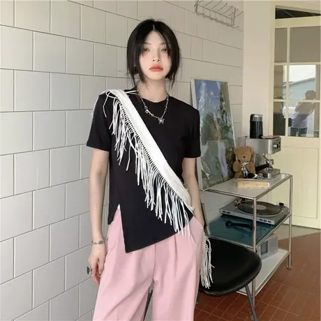 法式别致修身甜辣妹短袖开叉T恤女短款显瘦夏季正肩小众BM上衣服商品大图