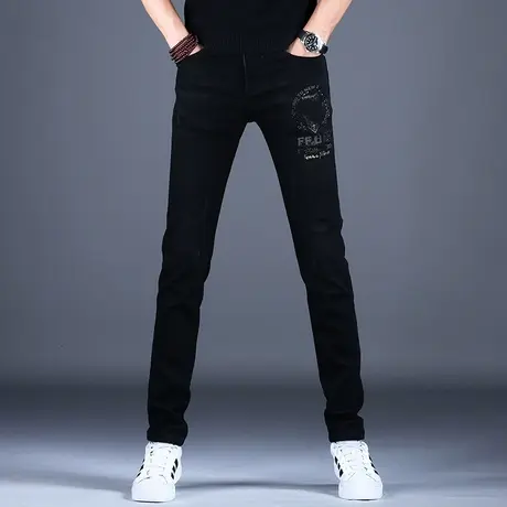 黑色烫钻牛仔裤男款小脚修身秋冬加绒新款潮流裤子男高端潮牌弹力商品大图