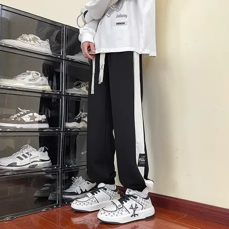 卫裤男束脚宽松条纹男士春秋款休闲裤潮牌加绒灯芯绒灰色运动裤子商品大图