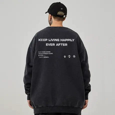 重磅美式复古加肥加大码卫衣男纯棉水洗做旧高街圆领秋冬加绒加厚图片