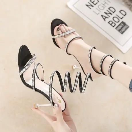 蛇形缠绕凉鞋女2020新款网红高跟鞋细跟性感百搭水钻ins潮仙女夏图片