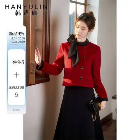 短款毛呢外套女2023新款爆款秋冬高级感气质百搭冬装红色长袖上衣图片