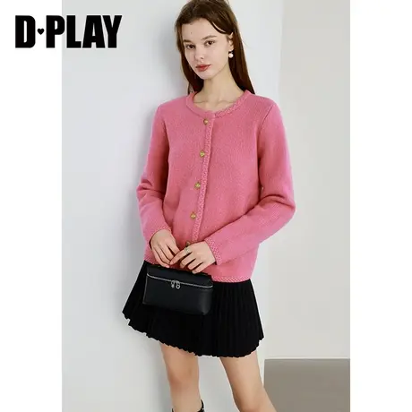 DPLAY春轻奢100羊毛粉色金属扣小香风针织毛衣开衫外套女商品大图