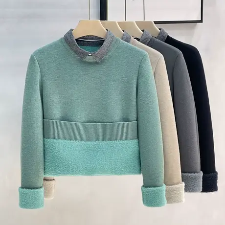 冬装毛衣男假两件衬衫领商务针织衫加绒加厚新款一体绒保暖毛线衫商品大图