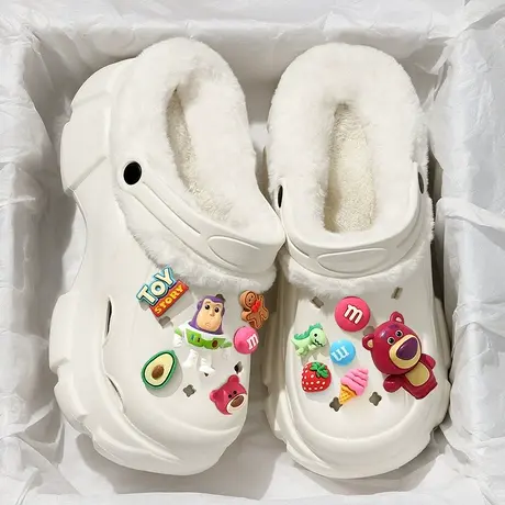 加绒洞洞鞋女士冬季2023新款外穿厚底增高保暖毛毛绒棉拖鞋女冬天商品大图