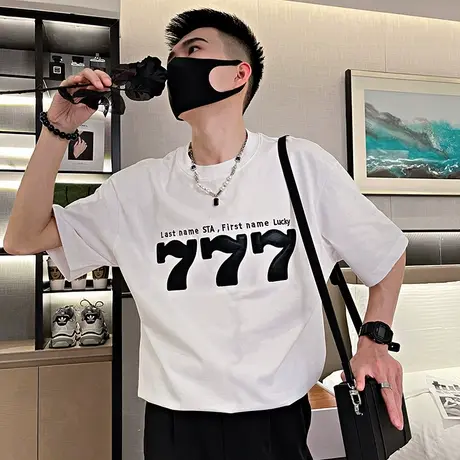 短袖t恤男夏季ins潮牌宽松半袖2023新款夏装简约潮流圆领休闲体恤商品大图