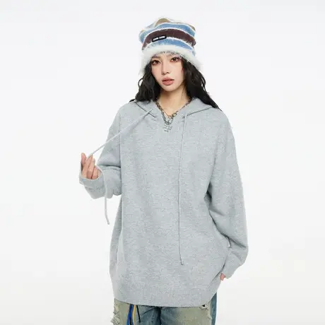 Nuthink美式潮牌灰色连帽毛衣男潮流宽松加厚保暖针织衫外套冬季商品大图