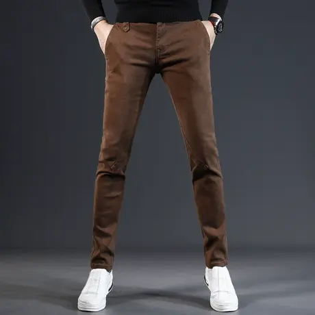咖啡色休闲牛仔裤男秋冬款修身小脚2023新款高端弹力百搭男士裤子商品大图