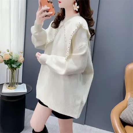 高级感娃娃领钉珠毛衣女秋冬2023年新款宽松洋气减龄甜美针织上衣商品大图