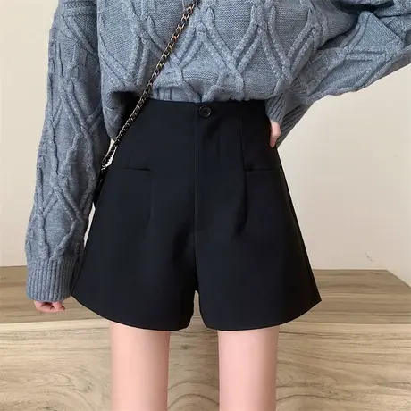 高腰西装短裤女秋冬大码新款韩版胖mm显瘦A字阔腿裤黑色靴裤子潮商品大图