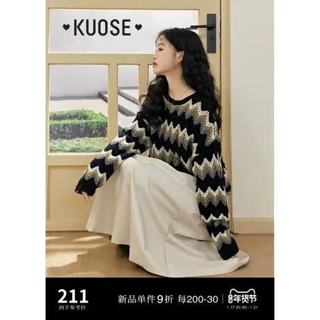 阔色撞色条纹圆领针织衫女2024春季新款套头显瘦美拉德穿搭上衣商品大图