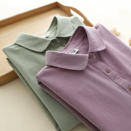 2024年春秋季文艺小清新磨毛纯棉长袖衬衫女学生宽松百搭打底上衣商品大图