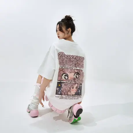 YEP白色卡通印花短袖t恤女2025年夏季新款潮牌情侣装宽松圆领上衣图片