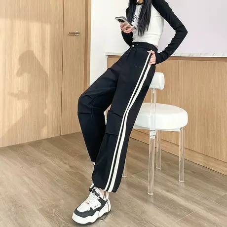 美式黑色条纹阔腿裤女春秋季2024新款高腰垂感束脚速干宽松休闲裤图片