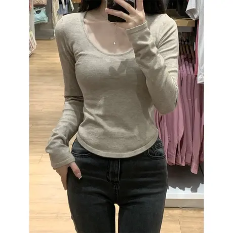 U领长袖t恤女春装2023新款内搭修身显瘦独特别致辣妹打底衫上衣服商品大图