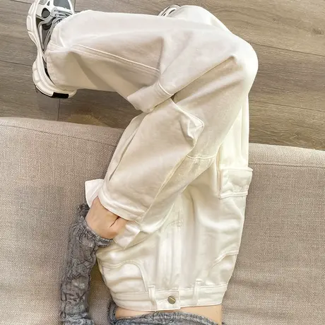 白色美式牛仔工装裤女2024春秋新款高腰宽松显瘦直筒阔腿休闲长裤商品大图