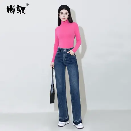 尚驭窄版蓝色弹力牛仔抓毛高腰直筒裤子冬季新款毛边做旧阔腿裤潮图片