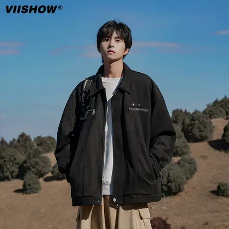 VIISHOW麂皮绒翻领设计感拉链外套男春季新款美式潮牌男夹克上衣商品大图