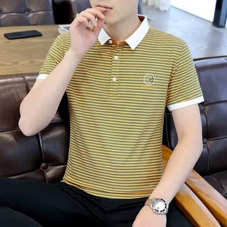 条纹polo衫男士短袖t恤夏季薄款翻领半袖爸爸装商务休闲潮牌衣服商品大图