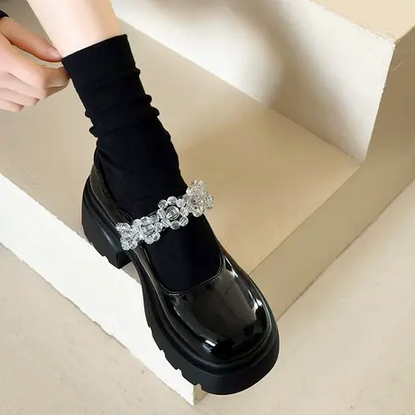 法式玛丽珍鞋女2024年春新款气质百搭浅口单鞋复古粗跟蕾丝小皮鞋图片