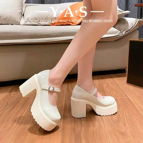 甜酷粗跟高跟小皮鞋2024春季新款厚底增高法式复古玛丽珍坡跟单鞋图片