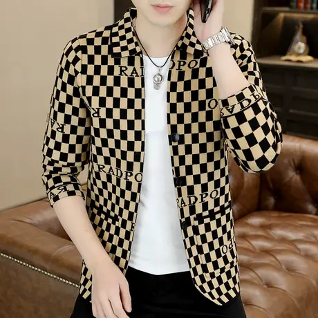 高级感拼色棋盘格子翻领针织夹克外套男秋季潮流帅气外搭开衫毛衣图片