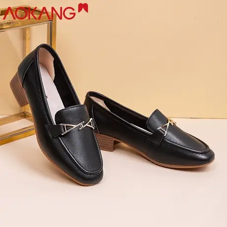 奥康女鞋2022年秋季新款软面女皮鞋真皮休闲粗跟坡跟单鞋一脚蹬商品大图