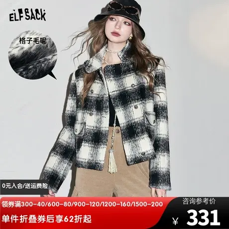 妖精的口袋格纹加厚外套女2023冬季新款学院风宽松短款休闲上衣商品大图