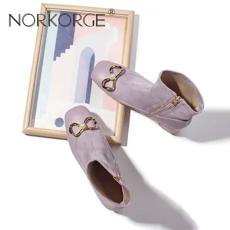 2023新款冬复古文艺紫色中跟粗跟显脚小弹力靴瘦瘦靴弹力靴短靴女商品大图