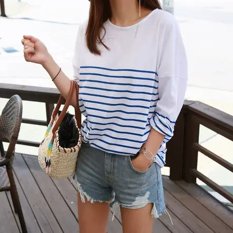 纯诗曼2017秋装新款条纹T恤女中长款宽松大码长袖打底衫薄卫衣潮图片