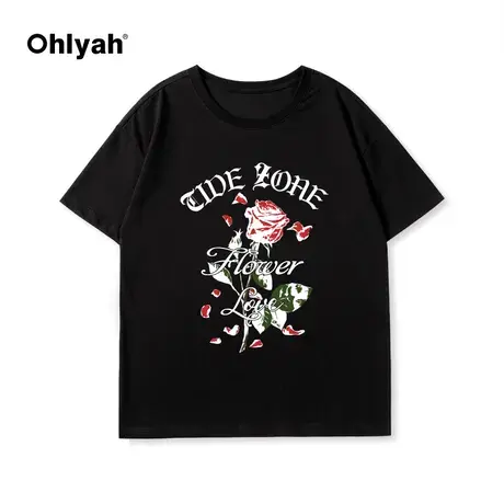 Ohlyah哥特风潮流玫瑰花卉vibe夏季短袖男女同款中性风宽松T恤衫商品大图