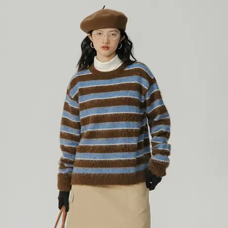 omont蛋挞家 圆领条纹毛衣女秋冬2023新款内搭软糯毛衣针织上衣图片