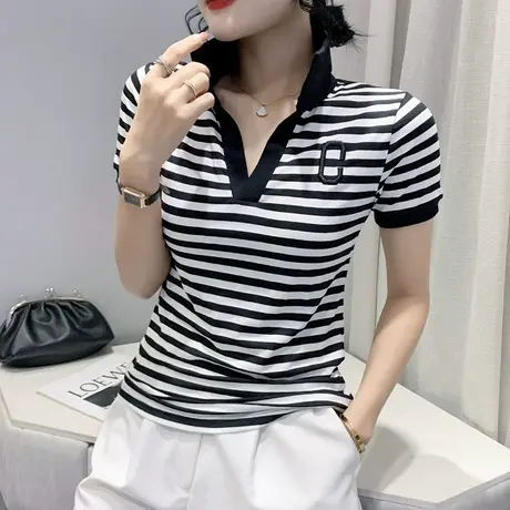 polo领t恤女2023新款条纹短袖女夏季修身小衫拼色设计感小众上衣商品大图