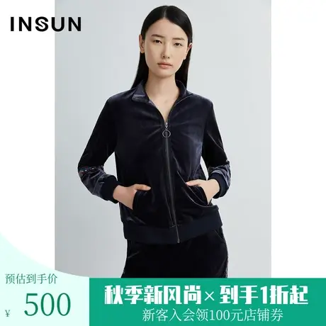 恩裳秋季女装经典时尚印花宽松通勤百搭运动休闲丝绒短外套商品大图