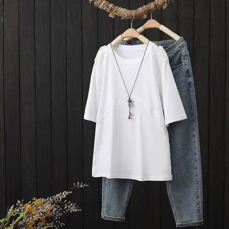 全棉短袖t恤女2023年夏季新款宽松圆领显瘦打底衫上衣半袖体恤衫商品大图