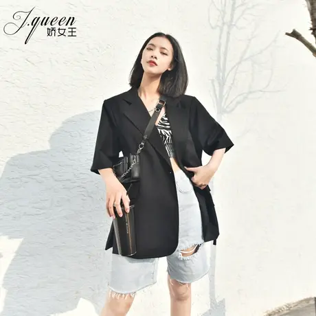 短袖西装外套女夏季新款复古港味宽松廓形上衣设计感黑色小西服潮图片