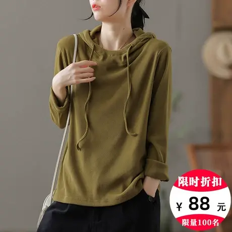 dza纯色全棉连帽上衣2023秋季新款漂亮宽松长袖t恤女士内搭打底衫商品大图