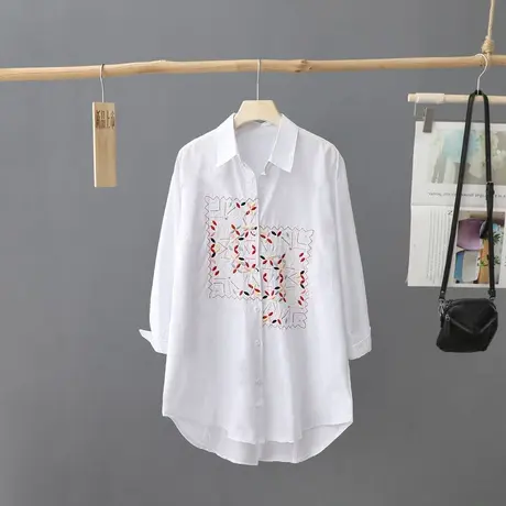文艺范纯棉刺绣白衬衫女中长款长袖休闲打底衬衣百搭条纹上衣女装图片