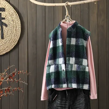 枫谜21年秋冬新款文艺简约颗粒绒格子马甲女宽松立领保暖坎肩外套图片