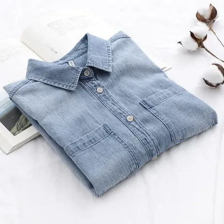 牛仔衬衫女2019春装新款韩版宽松百搭衬衣复古水洗长袖双口袋外套图片