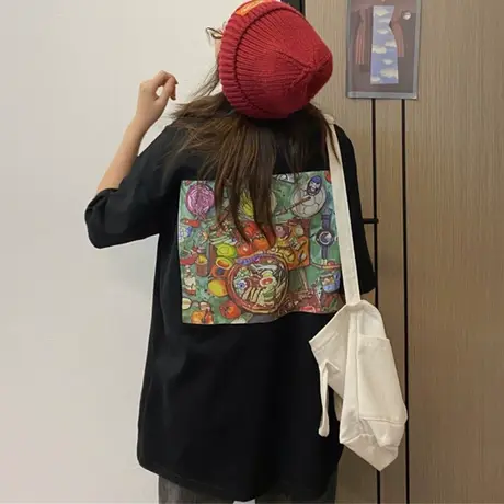 纯棉短袖t恤女2022新款夏季洋气宽松韩版ins半袖设计感小众上衣服商品大图